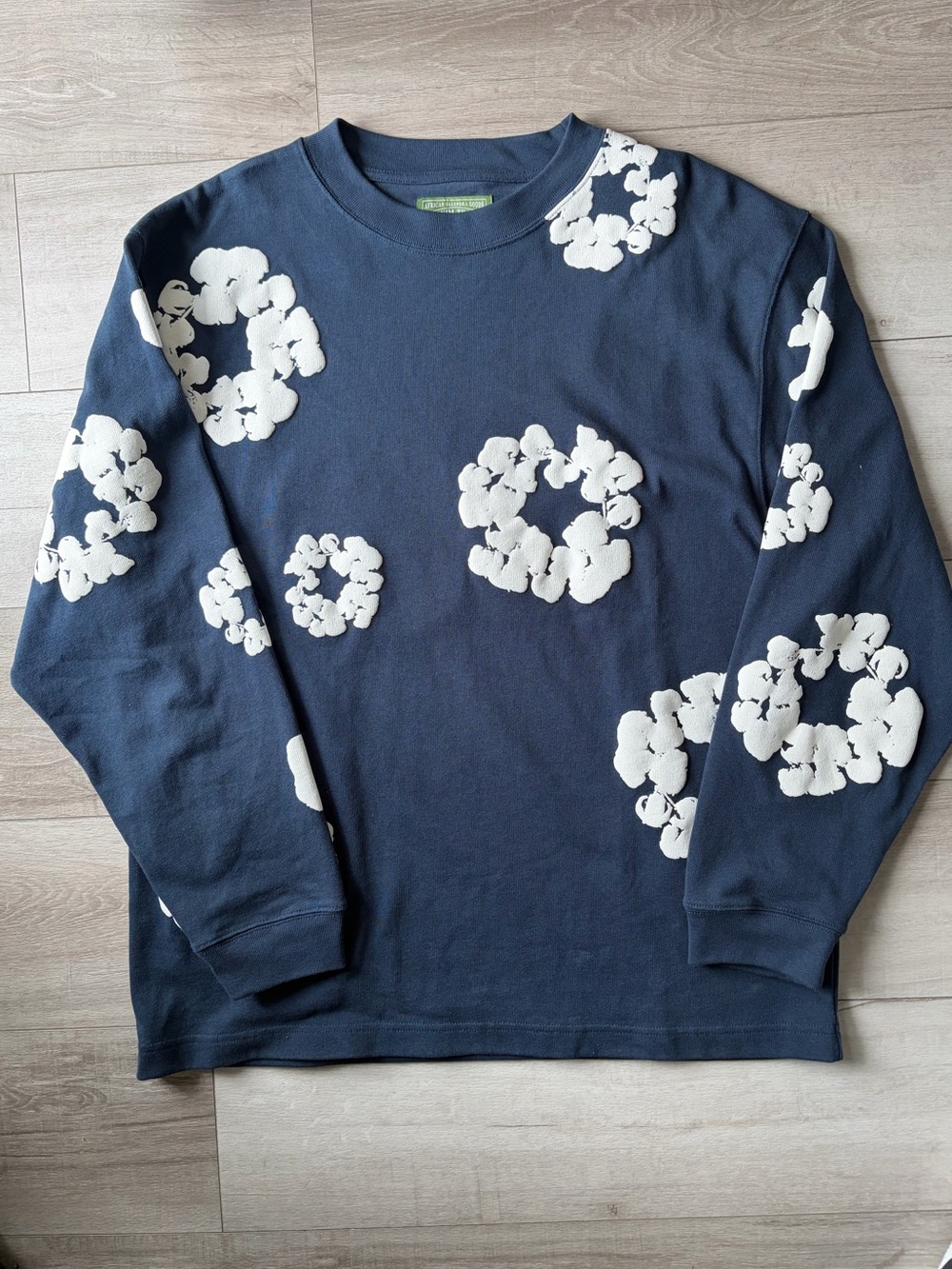 Navy Blue Sweatshirt with White Floral Clusters XL